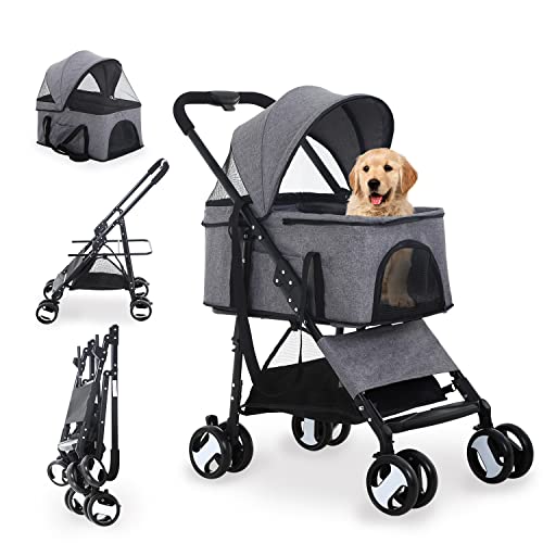 Dog Stroller 3-in-1 Folding Dog Stroller for Medium Small Dogs Pet Stroller Cat Stroller 4 Wheels with Detachable Carrier Storage Basket Waterproof Lightweight for Travel,Grey