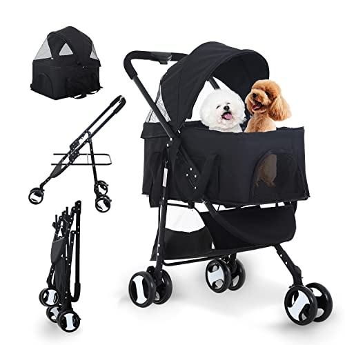 Dog Stroller Cat Stroller Pet stoller 3-in-1 Folding Dog Stroller for Small Medium Dogs Cats with Detachable Carrier Storage Basket Waterproof Lightweight for Travel,Black