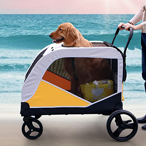 Dog Stroller for Extra Large Dogs, Pet Stroller for Medium Dogs Foldable, Dog Stroller for 2 Dogs, Dog Carriage and Wago, Large Pocket, Up to 352lb Yellow