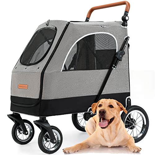 Dog Stroller for Medium Large Dogs - Kenyone Foldable Jogger 4 Wheels Pet Stroller with Adjustable Handle, Back/Front Entry, Breathable Mesh, Big Capacity Up to 140 lbs Gray