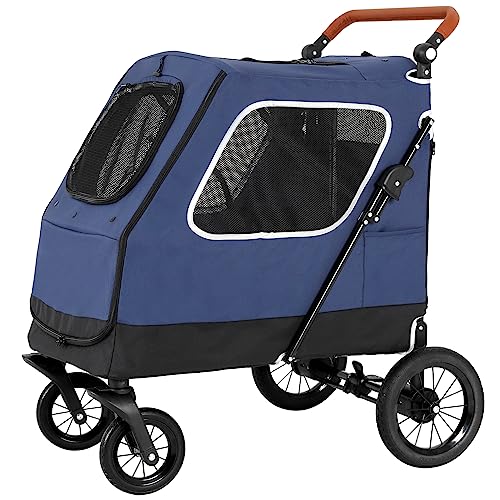 Dog Stroller for Medium/Large Dogs, MSmask 4 Wheel Premium Foldable Pet Stroller, Jogger Stroller, Dual Zipper Entry, Adjustable Handle, Panoramic Sunroof, Suitable for Pets Up to 150lbs (Navy Blue)