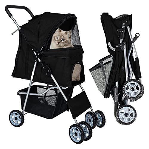 Dog Stroller for Small Dogs,Pet Stroller Strolling Cart 4 Wheels Folding Pet Gear Lightweight Waterproof with Storage Basket for Puppy Small Medium Dogs Cats for Travel,Black