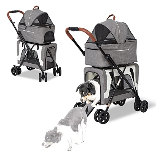 Dog Stroller for Small Pet, Double Cat Stroller - No Zip Dog Strollers for 2 Dogs, 4 in 1 Dog Jogging Stroller with Detachable Carrier, Safety Belt, Removable Liner, Storage Pocket, Grey