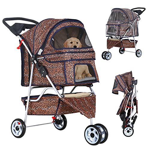 Dog Stroller,Cat Stroller 3 Wheels Pet Stroller for Small Medium Dog Cat Puppy with Rain Cover Storage Basket Leopard Skin