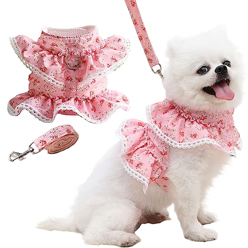Dog Vest Harness for Small Dogs Cats, No Pull Puppy Harness with Leash Set, Cute Floral Girl Dog Dress Clothes, Breathable Mesh Outdoor Walking Pet Harness for Chihuahua Yorkie Teddy (Pink, Small)
