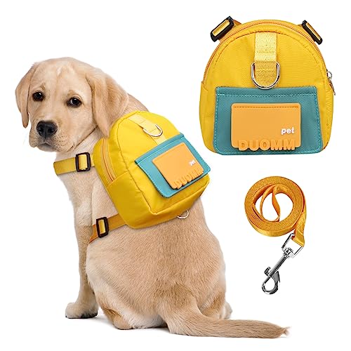 DoggieKit Dog Backpack Harness with Leash,Cute Pet Puppy Backpacks Bulid-in Dog Poop Bag Dispenser,Adjustable Pets Self Carrier Bag for Small Medium Dogs Travel Hiking Daily Walking(M, Yellow)