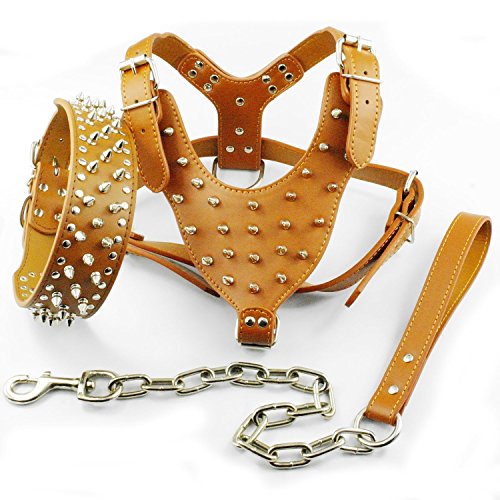 Dogs Kingdom Spiked Studded Leather Dog Pet Collar Harness Leash 3pcs Set Walking Pitbull Boxer Brown M