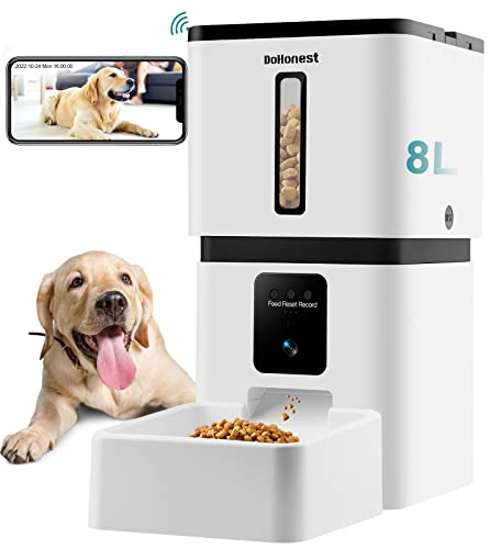 DoHonest Automatic Dog Feeder with Camera: 8L Large Capacity 5G WiFi Cat Food Dispenser 1080P HD Video Night Vision Smart Pet Feeder 2-Way Audio APP Control S15