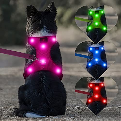 DOMIGLOW LED Dog Harness USB Rechargeable Glowing Pet Harness Vest Comfortable Mesh Light Up Dog Harness Dog Lights for Your Large Dogs(L,Pink)