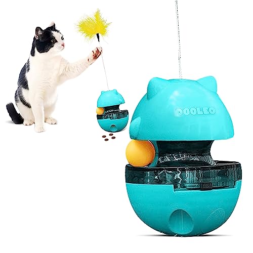 DOOLEO 2-in-1 Cat Treat Puzzle Toy with Feather & Balls | Auto-Balancing, Durable, & BPA-Free Cat Food Toy | Brain Stimulating Pet Treat Dispensing Interactive Feeder for Puppy & Dogs (Sky-Blue)