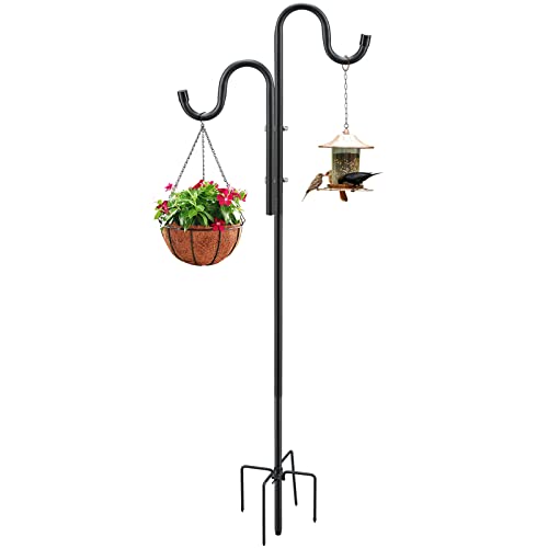 Double Shepherds Hooks for Outdoor, 76 inches Stainless Steel Bird Feeder Pole Heavy Duty Bird Feeder Stand with 5 Prongs Base for Wedding, Wind Chime, Lanterns, Solar Lights