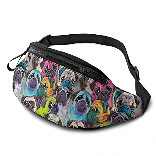 Dujiea Fanny Pack, Colorful Pug Dogs Funny Puppy Waist Bag with Headphone Hole Belt Bag Adjustable Sling Pocket Fashion Hip Bum Bag for Women Men Kids Outdoors Casual Travelling Hiking Cycling