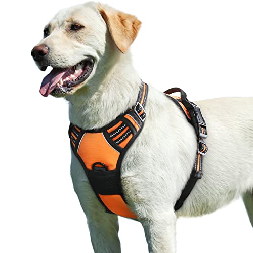 Eagloo Dog Harness for Large Dogs No Pull, Front Clip Dog Walking Harness with Reflective Adjustable Soft Padded Vest and Easy Control Handle, No-Choke Pet Harness with 2 Metal Rings, Orange, L