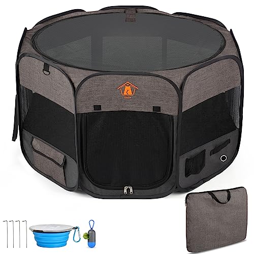 ebyte Portable Foldable Pet Playpen, 45”Pop-up Puppy playpen/Dog playpen for Indoor or Outdoor/Dog Enclosure/Free Travel Bowl+Carrying Cage/with Resistant Removable Shade Cover (Brown, Large)