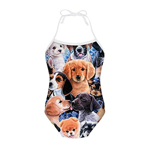 ELEQIN Kawaii Puppy Dog Print Girls One Piece Swimsuit Halter Bathing Suit for 9Y-10Y