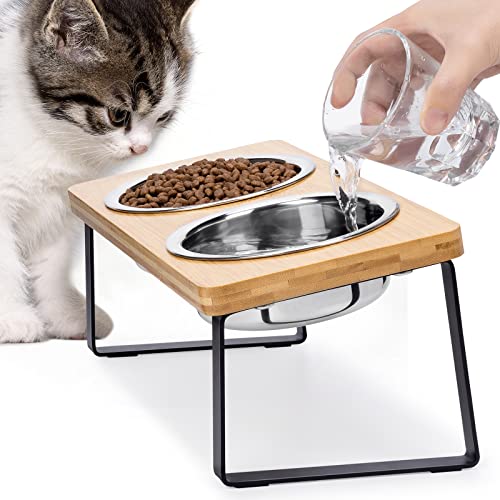 Elevated Cat Bowls for Food and Water - Loplurea 15° Tilted Raised Stainless Steel Cat Food Bowl with Bamboo Stand and Anti Vomit Feeding Station for Indoor Cats and Pet