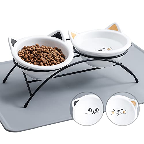 Elevated Ceramic Cat Bowls Set of 2 with Metal Stand & Silicone Feeding Mat, 12 oz Tilted Raised Cat Food & Water Bowls Dishes, Pet Feeder Bowls for Cats, Kittens, Small Dogs - White