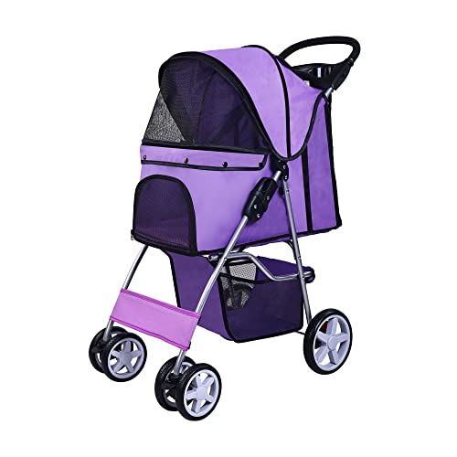 Elevon Pet Stroller, 4 Wheels Multifunction Dog Cat Stroller, Folding Portable Travel Stroller with Detachable Carrier, Suitable for Medium Small Dogs Cats, Purple