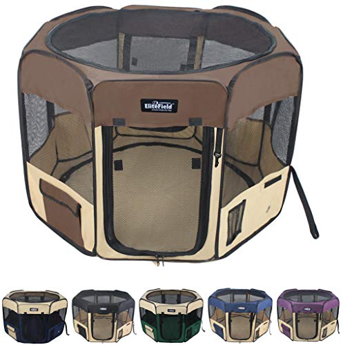 EliteField 2-Door Soft Pet Playpen (2 Year Warranty), Exercise Pen, Multiple Sizes and Colors Available for Dogs, Cats and Other Pets (36" x 36" x 24"H, Brown+Beige)