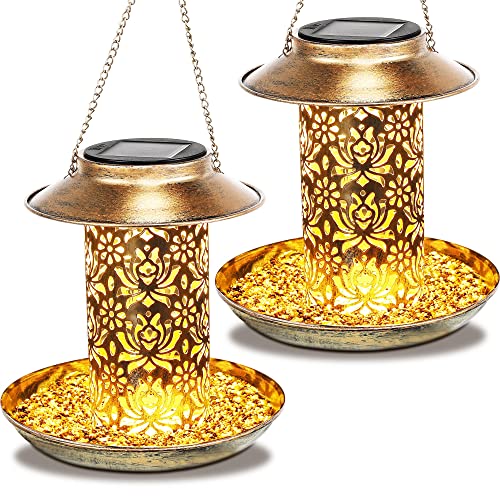 Enhon 2 Pack Solar Bird Feeder for Outdoors Hanging, Metal Wild Bird Feeder for Cardinals, Weather Resistance Solar Backyard Garden Lantern Light Decoration with S Hook as Gift Ideas for Bird Lovers