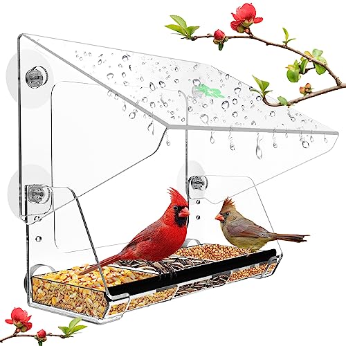 Ermete Window Bird Feeders with Strong Suction Cups, Clear Bird Feeder Window, Window Bird Feeder with Seed Tray, Large Outside Hanging Birdhouse Kits with Drain Holes (10in ×8.8in ×3.7in)