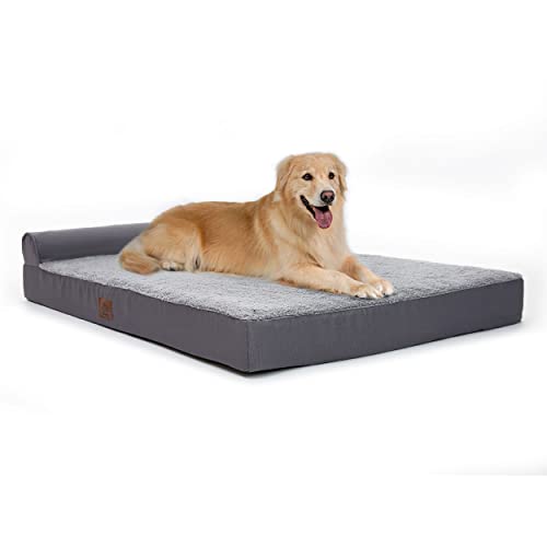 Eterish Extra Large Orthopedic Dog Bed for Medium, Large, Extra Large Dogs up to 100 lbs, 4 inches Thick Egg-Crate Foam Bolster Bed with Removable Cover, T-Shape Pet Bed Machine Washable, Grey