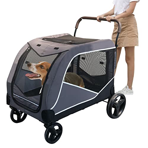 Extra Large Dog Stroller, Dog Stroller for 2 Medium Dogs up to 160 LBs, Foldable Dog Wagon with Adjustable Handle, Improved Big Wheels