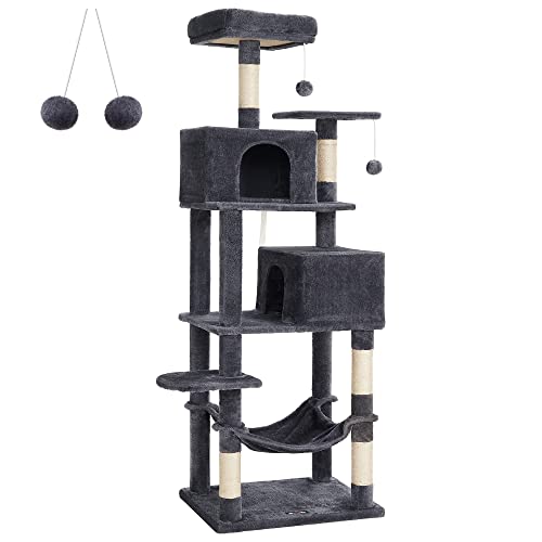 Feandrea Cat Tree, 75.2-Inch Cat Tower for Indoor Cats, Plush Multi-Level Cat Condo with 5 Scratching Posts, 2 Perches, 2 Caves, Hammock, 2 Pompoms, Smoky Gray UPCT191G01