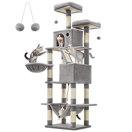 Feandrea Cat Tree, 81.1-Inch Large Cat Tower with 13 Scratching Posts, 2 Perches, 2 Caves, Basket, Hammock, Pompoms, Multi-Level Plush Cat Condo for Indoor Cats, Light Gray UPCT190W01