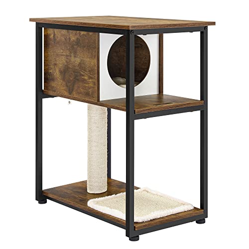 Feandrea Cat Tree and End Table, Cat Tower with Scratching Post and Mat, Cat Condo, Nightstand, for Living Room, Bedroom, Industrial Style, Rustic Brown UPCT111H01