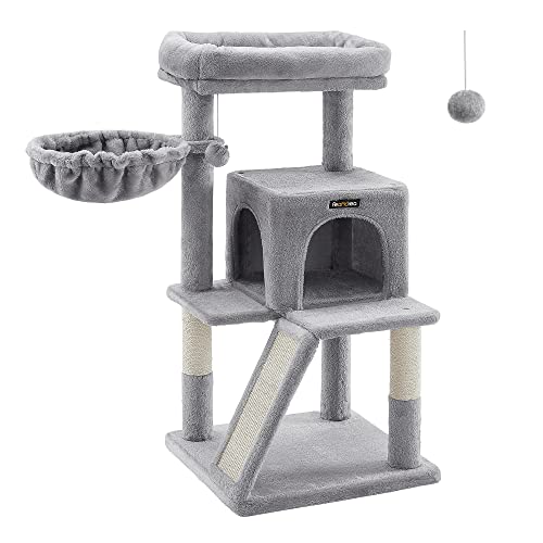 Feandrea Cat Tree, Small Cat Tower with Widened Perch for Large Cats Indoor, Kittens, 37.8-Inch Multi-Level Cat Condo with Scratching Posts and Ramp, 2-Door Cat Cave, Cat Basket, Light Gray UPCT51W