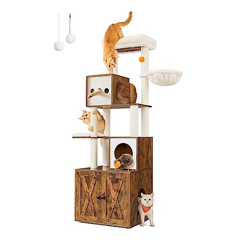 Feandrea Cat Tree with Litter Box Enclosure, 2-in-1 Modern Cat Tower, 72.8-Inch Tall Cat Condo with Scratching Posts, Perch, Caves, Basket, Washable Cushions, Rustic Brown UPCT116X01