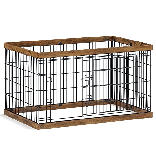 Feandrea Dog Playpen, Dog Fence, Panel and Steel, Sliding Door with Double L-Shaped Latches, XXL, 48 x 31.5 x 27.6 Inches, for Dogs, Rabbits, Rustic Walnut and Black UPPK006T41