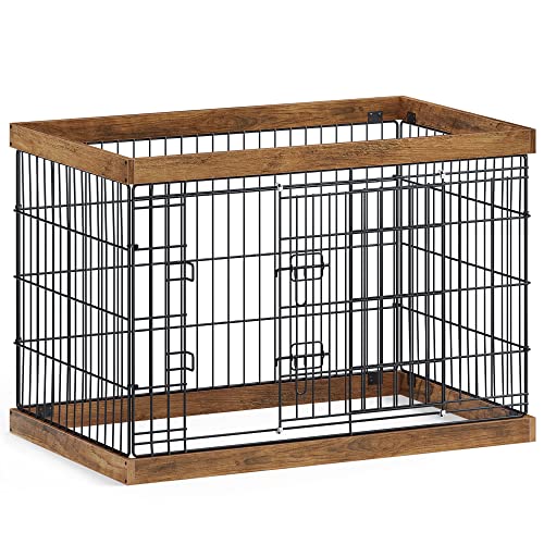 Feandrea Dog Playpen, Dog Fence, Panel and Steel, Sliding Door with Double L-Shaped Latches, L, 36.4 x 22.6 x 25.2 Inches, for Dogs, Rabbits, Rustic Walnut and Black UPPK004T41