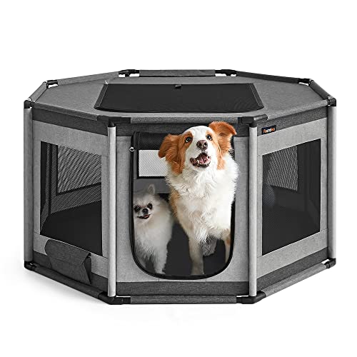 Feandrea Dog Playpen, Oxford Fabric Dog Fence, Octagon Dog Crate, L, 44.3 x 44.3 x 24.4 Inches, PVC Pipe Frame, Breathable Mesh, Double Openings, with Storage Bag, Dark and Light Gray UPDC003G01