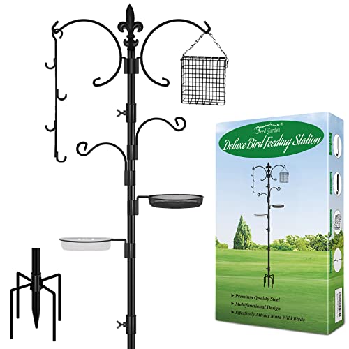 FEED GARDEN Multi Bird Feeding Station Kit Wild Bird Feeder Pole, 93 Inch Premium Feeder Hanging Kit with Bird Bath, Mesh Tray, Metal Suet and Fruit Hook, 5 Prong Base