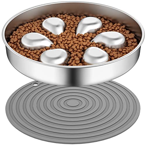 Feedoo Slow Feeder Dog Bowls 3 Cups Large, Food Grade 304 Stainless Steel Dog Bowls, with Non-Slip Silicone Mat, Maze Pet Dish to Slow Down Eating, Metal Slow Feeder Dog Bowl for Medium Large Breeds