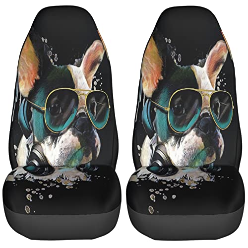 FeHuew Headphones French Bulldog 2 Pcs Car Seat Covers Set Vehicle Front Seat Protector Auto Interior Accessories Protetors Car Mat Covers Universal fit Most Car SUV Van Truck