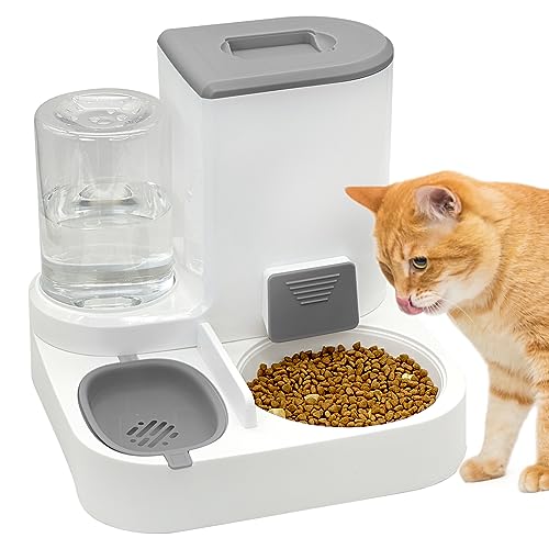 Fhiny Gravity Cat Feeder and Water Dispenser, 2 in 1 Automatic Pet Waterer Detachable Stainless Steel Food Bowls Set Pet Food Storage for Small Dog Puppy Cat Kitten Pet Easy Clean