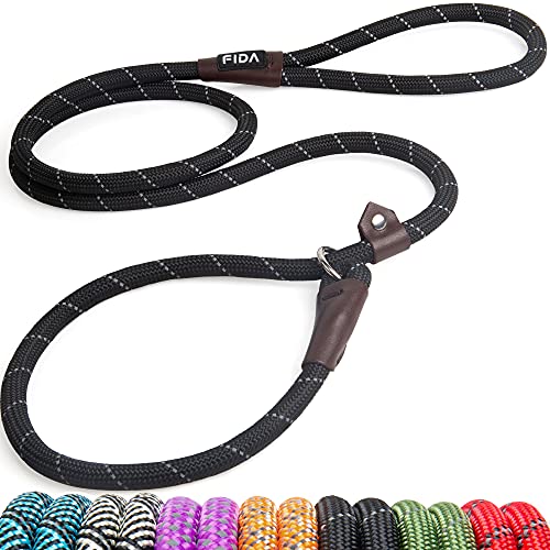 Fida Durable Slip Lead Dog Leash, 6 FT x 1/2" Heavy Duty Comfortable Strong Rope Leash for Large, Medium Dogs, No Pull Pet Training Leash with Highly Reflective, Black