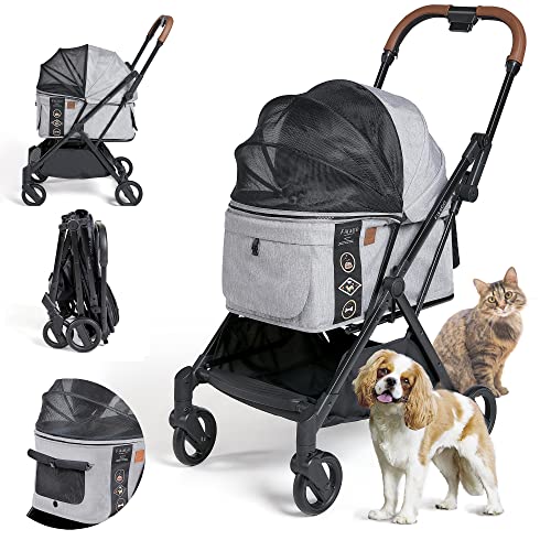 FikaGo Luxury Dog/Cat/Pet Stroller Lightweight Fast Folding- 44lbs Load Capacity, Dog Stroller Carriage for Small Medium Sized Pet Gear Stroller (Gray Husky)