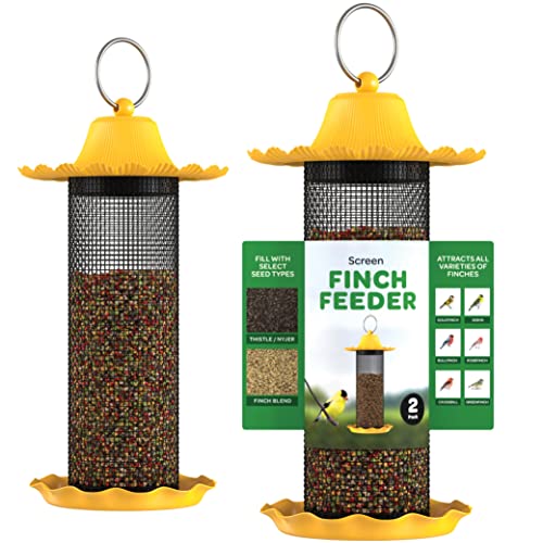 Finch Bird Feeders For Outside [Set of 2] 0.7 LB Capacity Yellow Wild Bird Feeders, Seeds Attracts Small Birds To Backyard & Garden. Tube Bird Feeders For Outdoors.