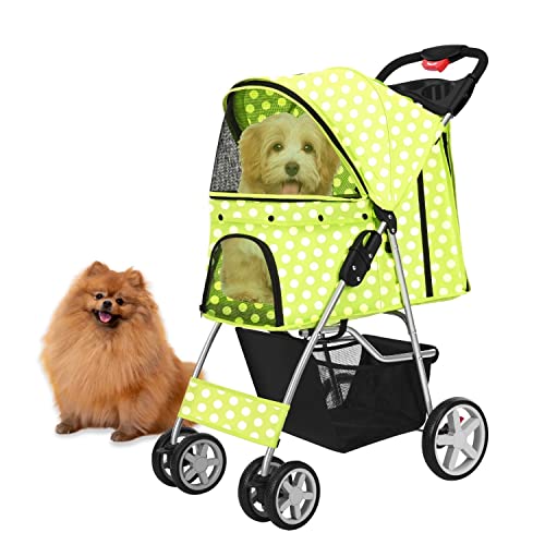 Flexzion Pet Stroller (Dot Green) Dog Cat Small Animals Carrier Cage 4 Wheels Folding Flexible Easy to Carry for Jogger Jogging Walking Travel Up to 30 Pounds with Sun Shade Cup Holder Mesh Window