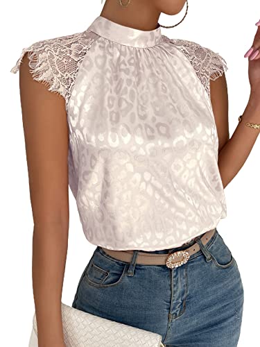 Floerns Women's Lace Splice Collar Cap Sleeve Office Blouse Tops Apricot M