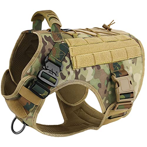 FunTags Tactical Dog Harness,Extra Large Military Dog Vest with 2X Metal Buckle and No Pull Front Leash Clip,Hook and Loop Panel on K9 Working Dog MOLLE Vest with Handle,XL,Camo