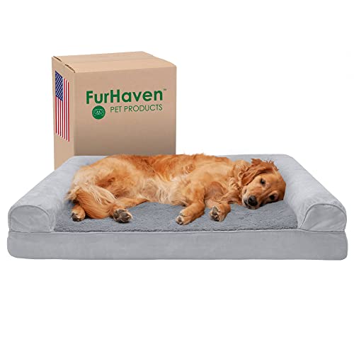 Furhaven Cooling Gel Dog Bed for Large Dogs w/ Removable Bolsters & Washable Cover, For Dogs Up to 95 lbs - Plush & Suede Sofa - Gray, Jumbo/XL