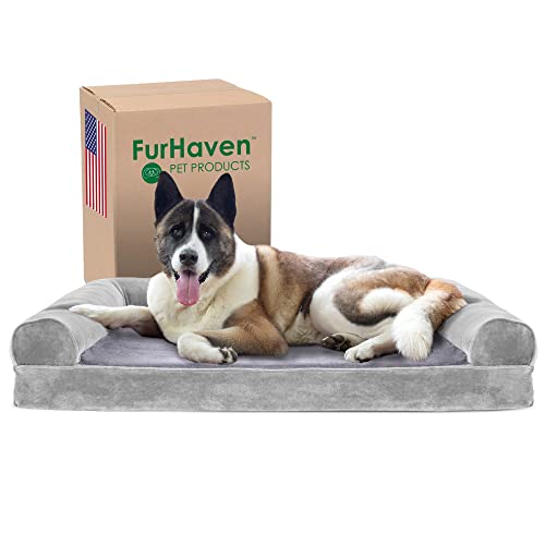 Furhaven Cooling Gel Dog Bed for Large Dogs w/ Removable Bolsters & Washable Cover, For Dogs Up to 95 lbs - Faux Fur & Velvet Sofa - Smoke Gray, Jumbo/XL