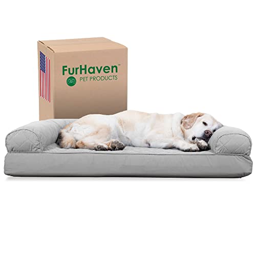 Furhaven Cooling Gel Dog Bed for Large Dogs w/ Removable Bolsters & Washable Cover, For Dogs Up to 95 lbs - Quilted Sofa - Silver Gray, Jumbo/XL