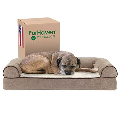 Furhaven Cooling Gel Dog Bed for Medium/Small Dogs w/ Removable Bolsters & Washable Cover, For Dogs Up to 35 lbs - Sherpa & Chenille Sofa - Cream, Medium