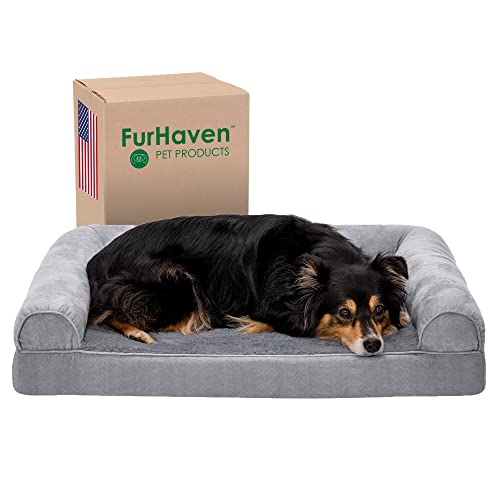 Furhaven Orthopedic Dog Bed for Large/Medium Dogs w/ Removable Bolsters & Washable Cover, For Dogs Up to 55 lbs - Plush & Suede Sofa - Gray, Large